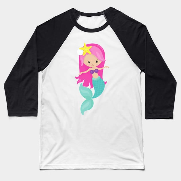 Cute Mermaid, Little Mermaid, Pink Hair, Starfish Baseball T-Shirt by Jelena Dunčević